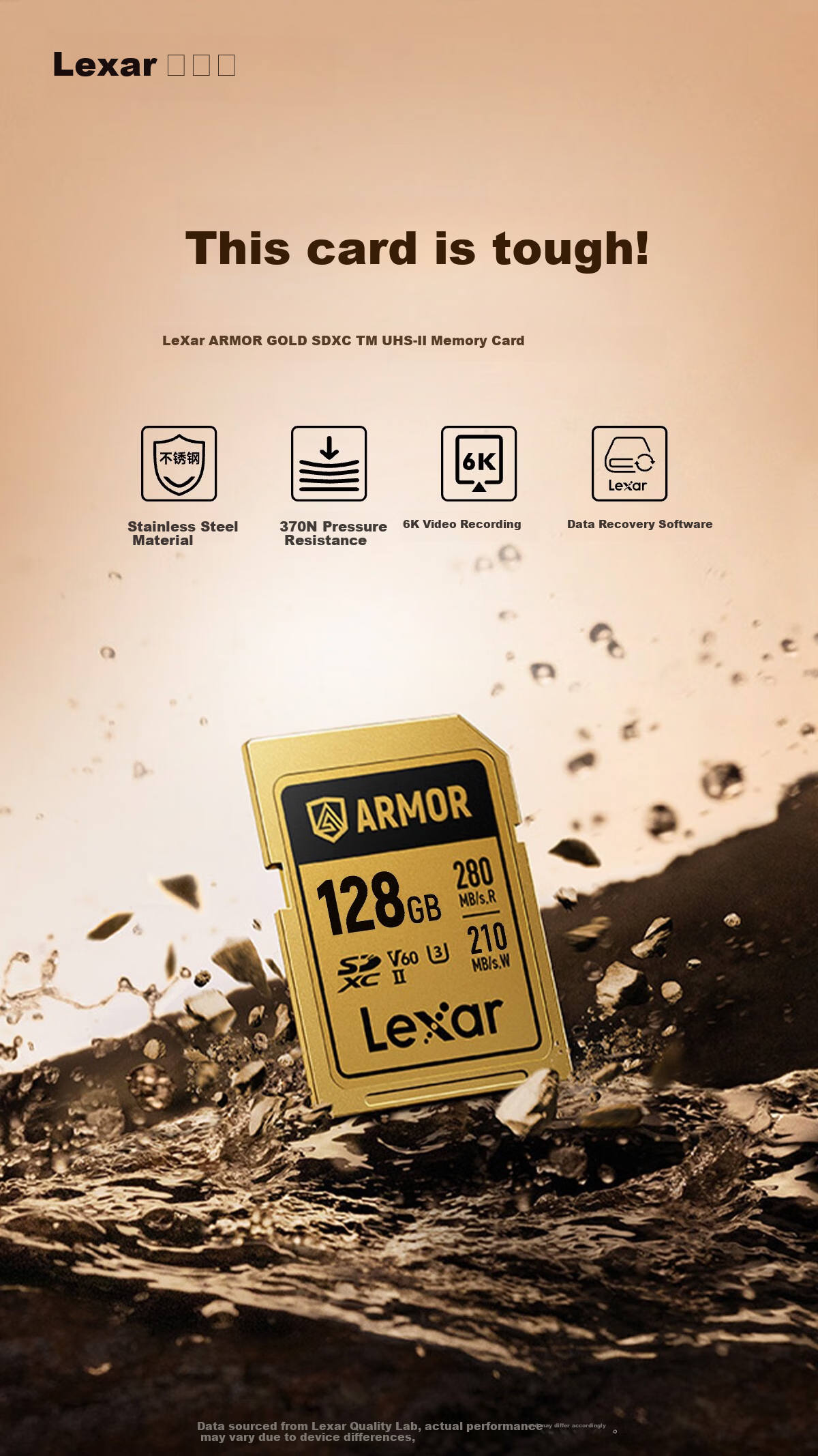 Lexar 128GB SD Card V60 6K Video Recording Stainless Steel Metal Rugged Armor Gold Card 280MB/s Read 210MB/s Write Durable Pressure and Wear Resistant 1