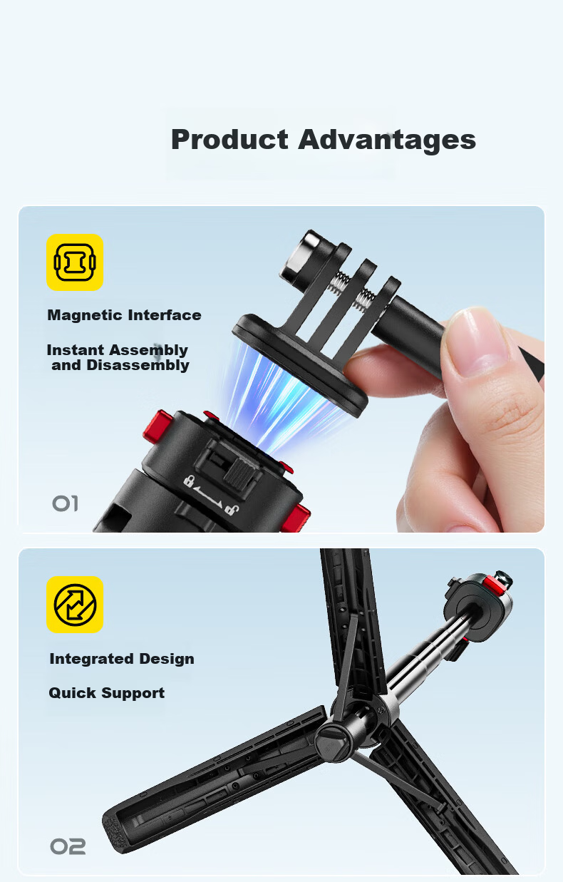 Pisen Magnetic Mini Quick-Release Tripod Extension Selfie Stick for DJI Action 6 5 Pro 4 / GoPro / Insta Sports Camera Portable Photo Handle Live Streaming Stand 2