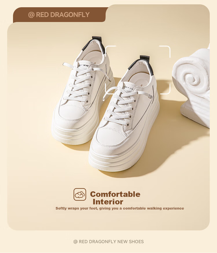 Red Dragonfly Women's Classic Thick Sole Height Increasing White Sneakers Simple Versatile Casual Shoes WPB15032 Beige/Black Size 36 5