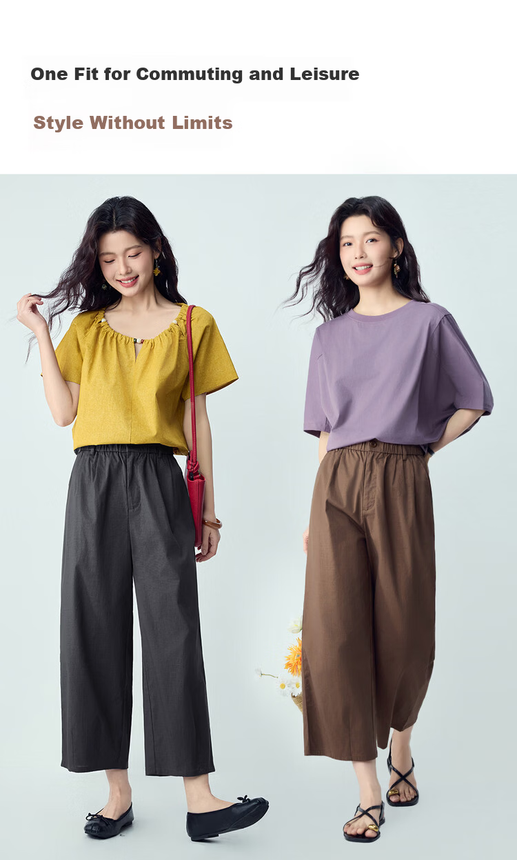 Giordano Women's 2026 Summer Lyocell Cotton Pleated Elastic Waist Nine-Point Straight Casual Pants 13426311 7