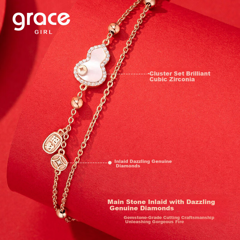 Grace Girl Diamond Fortune Gourd Bracelet Women Niche Chinese Style Light Luxury Jewelry Anniversary Birthday Gift for Girlfriend