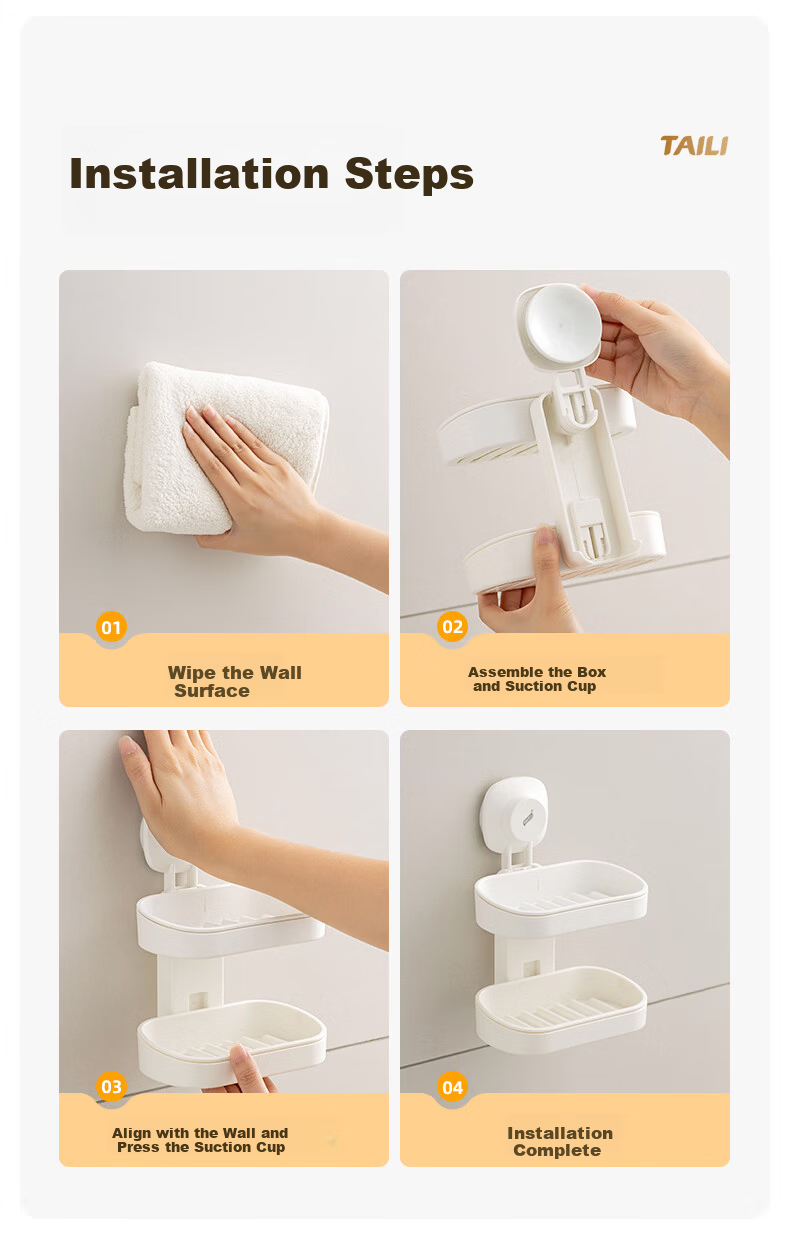 Taili Wall-Mounted Soap Dish Bathroom Soap Holder No-Drill Suction Cup Double-Layer Draining Storage Rack 16