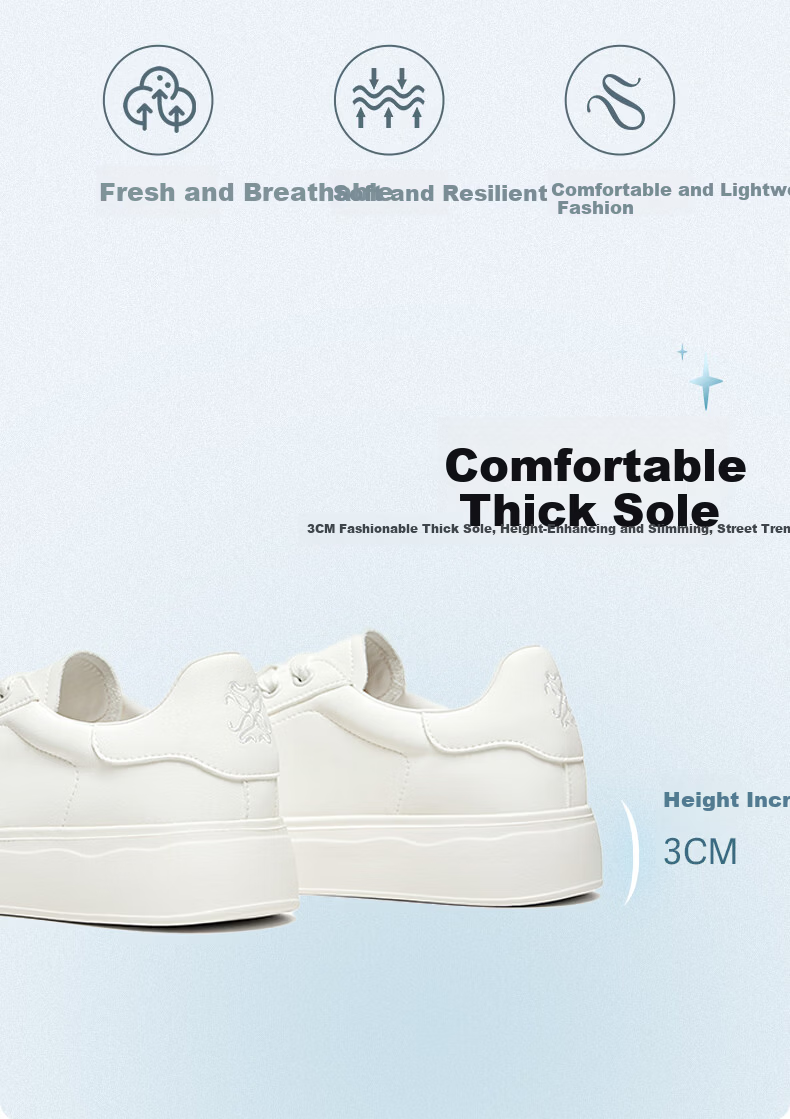 BASTO 26 Spring White Sneakers Elevated Thick Sole College Simple Casual Sports Outdoor Women's Shoes W6072AM6 Off-White Size 34 8
