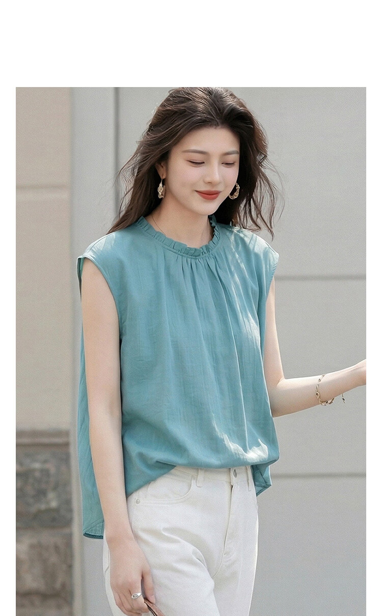 Demana [Ramie Lyocell Blend] Summer Artistic Style Ruffled Round Neck Cap Sleeve Slim Fit Shirt for Women High-End Feel 14