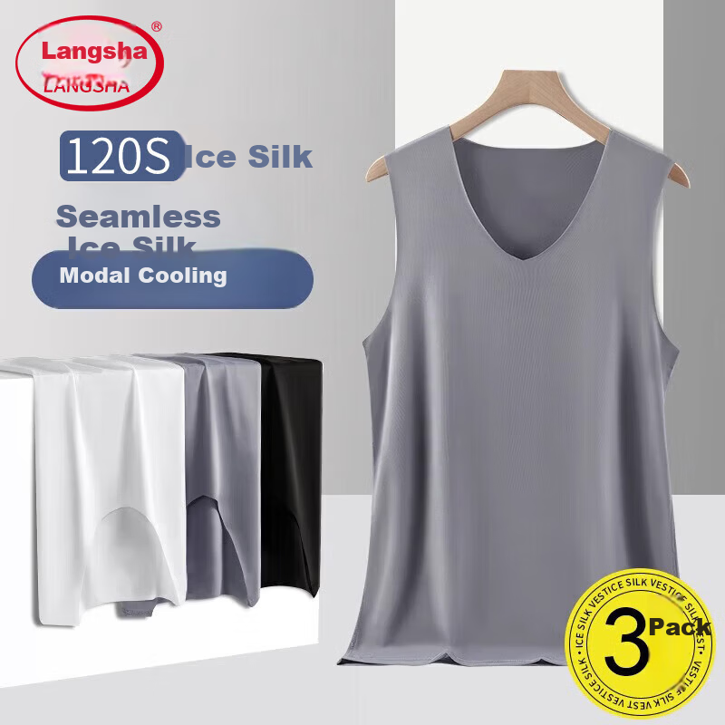 LangSha Men's Ice Silk Seamless 7A Antibacterial Spring Summer Sports Racerback Stretch Base Tank Top 3-Pack