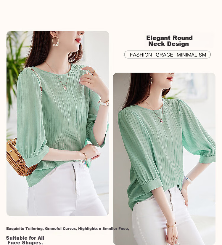 Demana French Texture Shirt Summer Commuter Round Neck Lantern Sleeve Blouse Women's Top 5