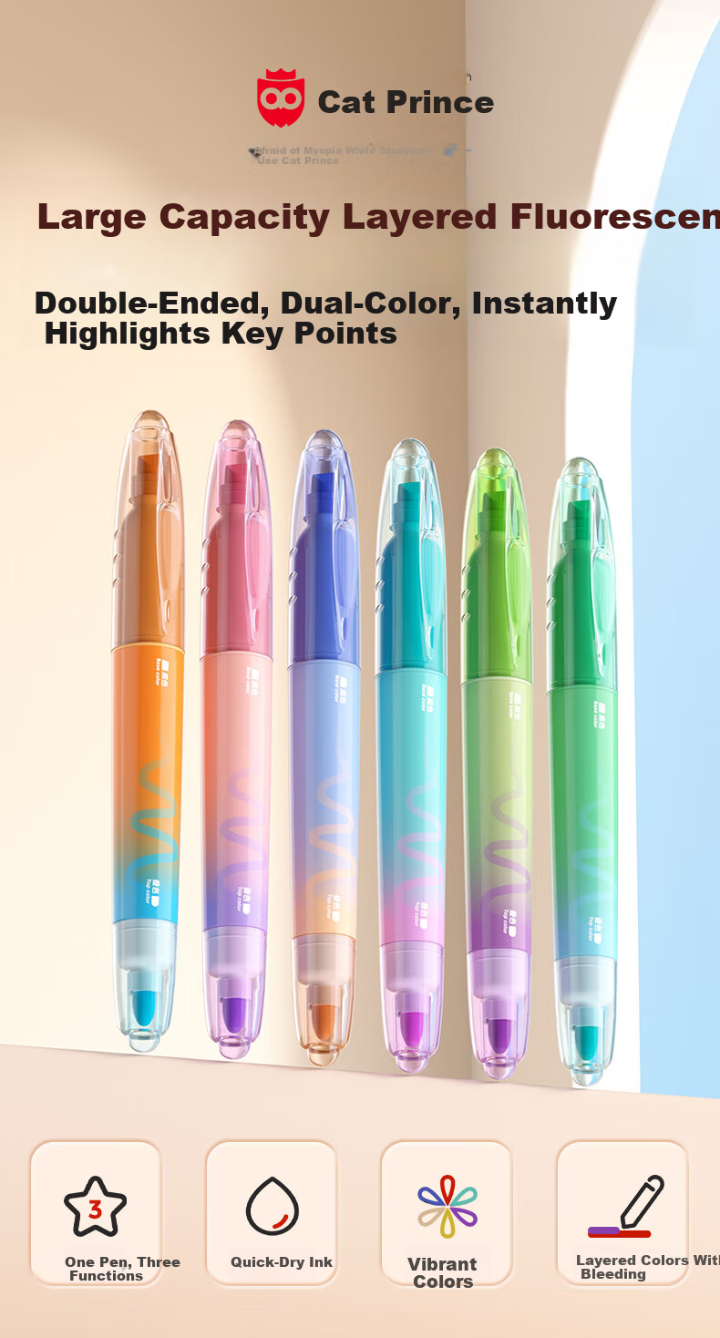 Cat Prince Stackable Color Fluorescent Highlighter Marker Pen Double-Ended Fluorescent Pen for Elementary Students, High-Value Quick-Dry 12-Color Note-Taking Pen for Handwritten Reports 1