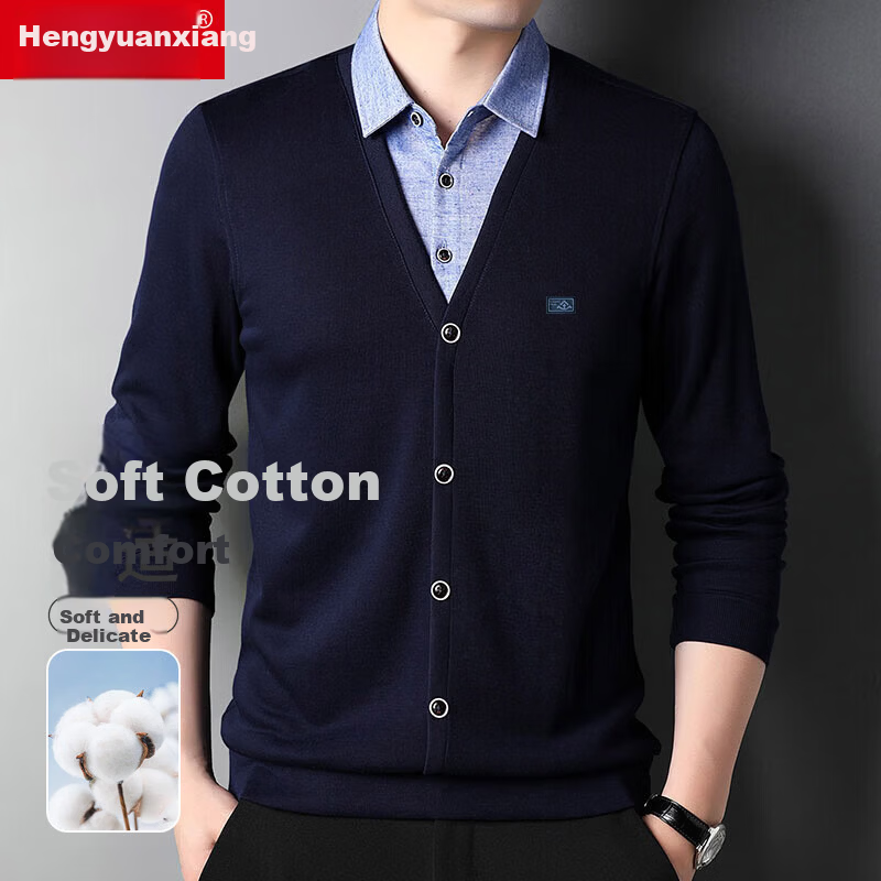 Hengyuanxiang Knitted Sweater Youth Men's Casual Two-in-One Versatile Pullover HJ164 Navy Blue 170/88A