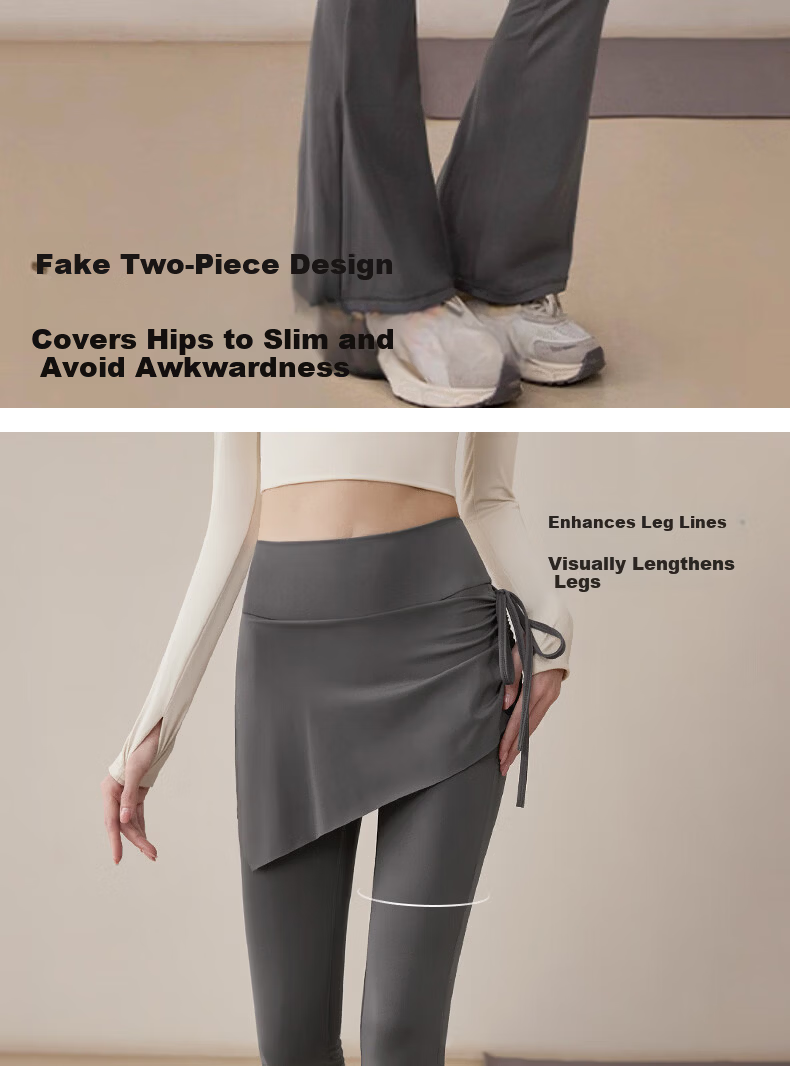 Free Style Faux Two-Piece High-Waist Slimming Yoga Pants for Women, Hip-Covering, Anti-Exposure Pilates Running Fitness Flared Skirt Pants 9