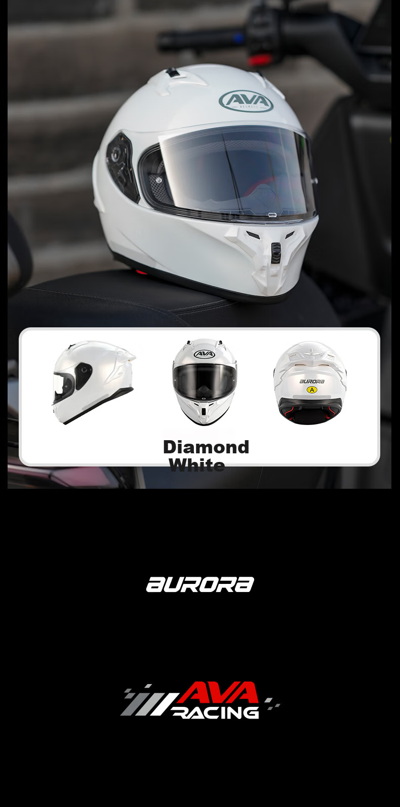AVA Aurora Lightweight Racing Style Commuter Motorcycle Helmet Full Face Four Seasons Unisex Riding Obsidian Black L 18