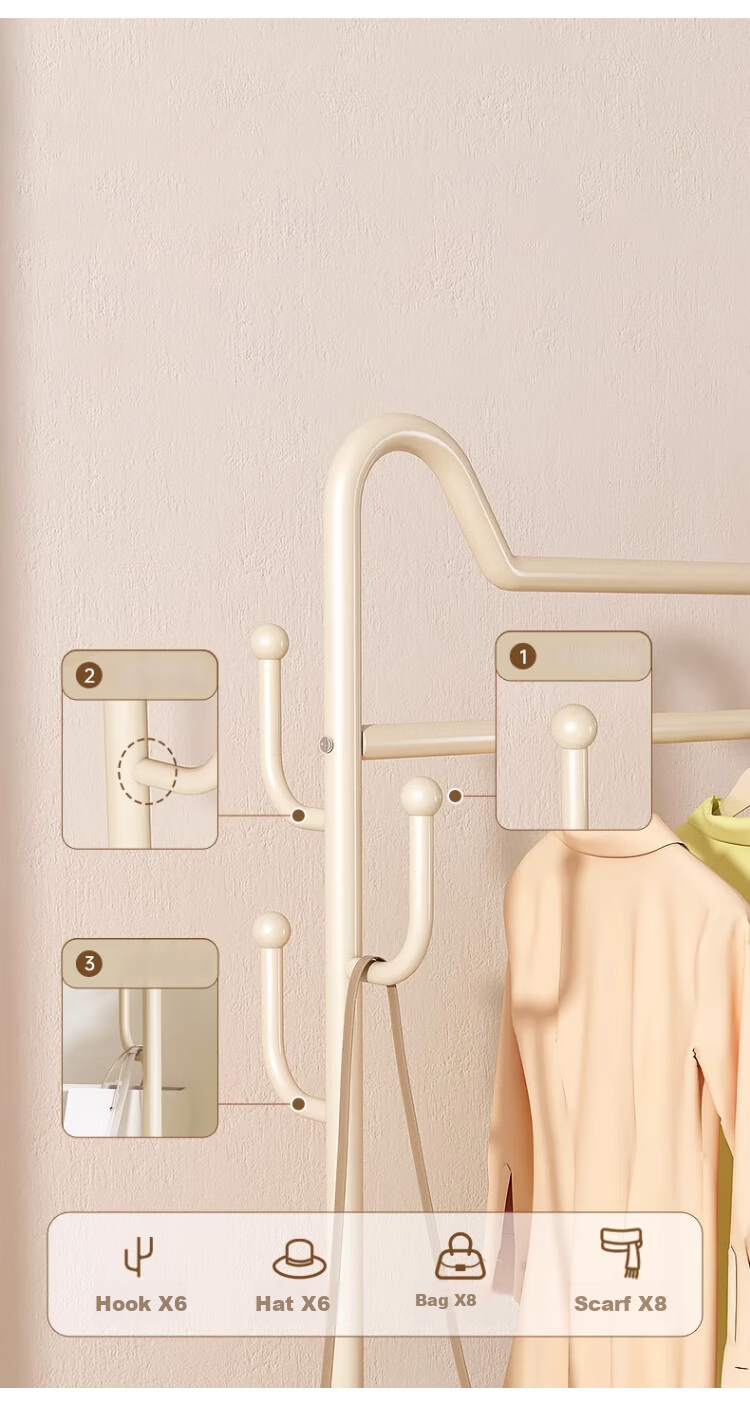 Yupin Floor-Standing Coat Rack, Bedroom And Living Room Movable Clothes Hanger Storage Rack, YJ91 Double-Layer 100 White 6