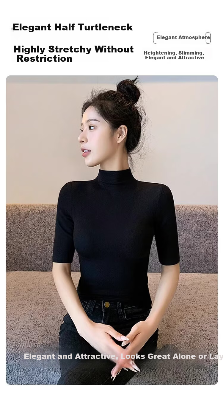 Shuangxing Women's Half Turtleneck Half Sleeve T-Shirt, 5/10 Sleeve Spring Summer New Style, Black, 2XL 10