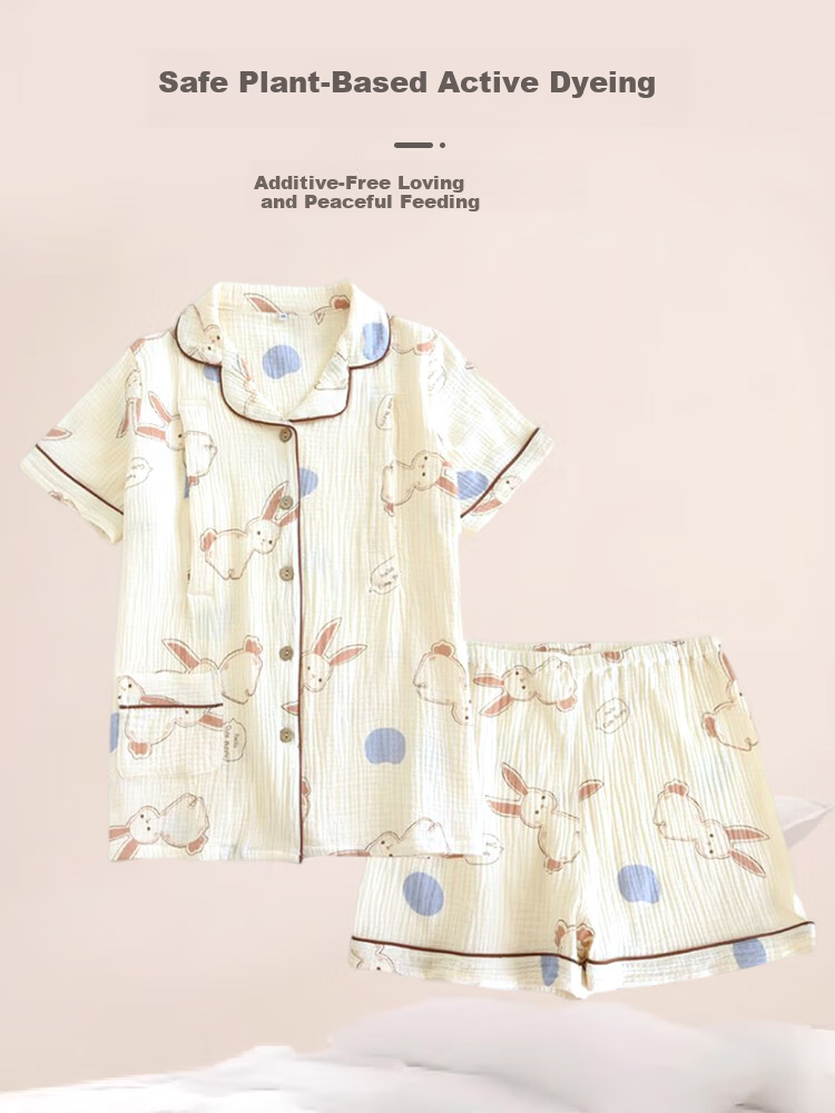 9I9 Maternity Postpartum Summer Pure Cotton Short-Sleeve Shorts Nursing Gown, Muslin Pajamas, Postpartum Feeding Outfit Set A71L 7