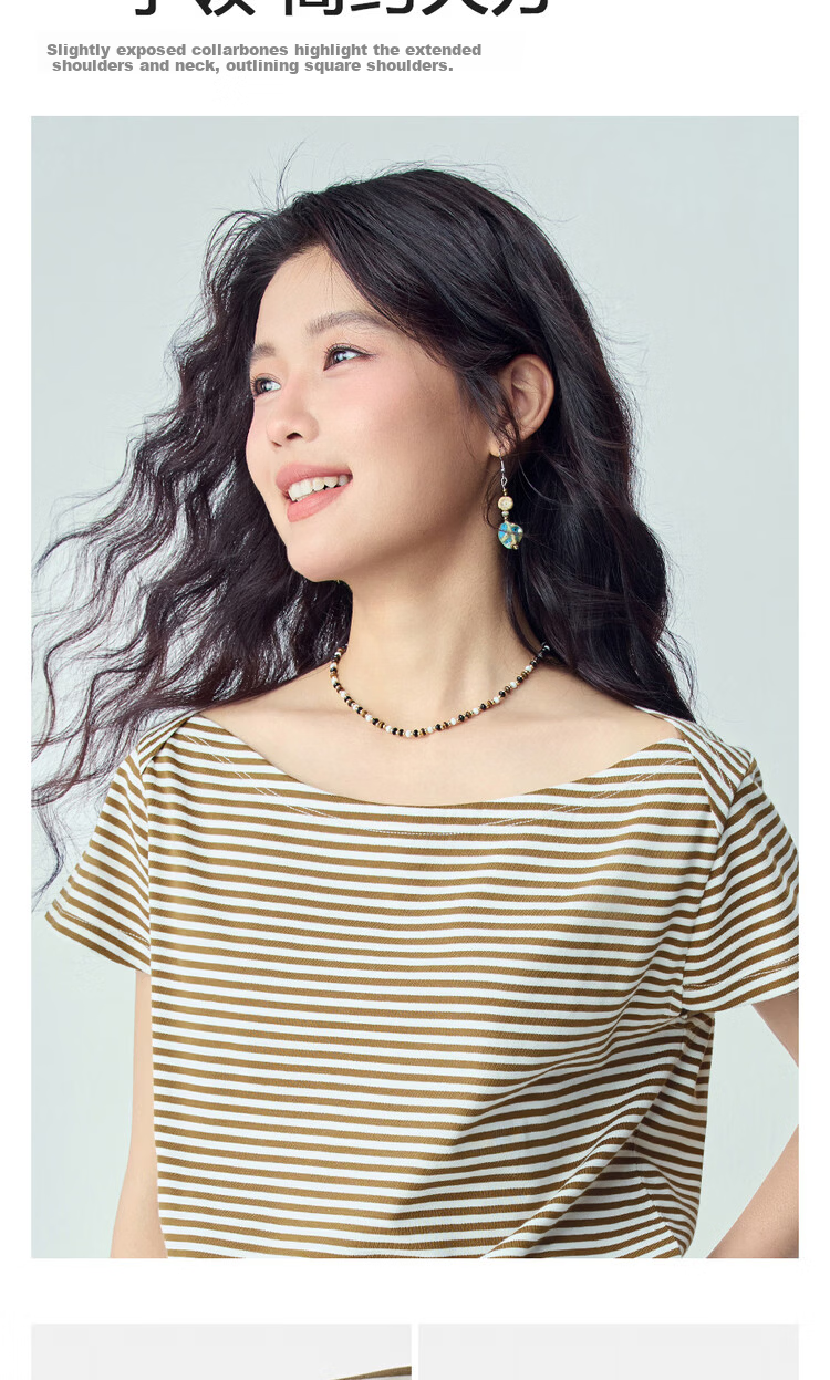 Giordano Women's Striped T-Shirt 2026 Summer New Pure Cotton Off-Shoulder Knit Short Sleeve Top 13326235 5
