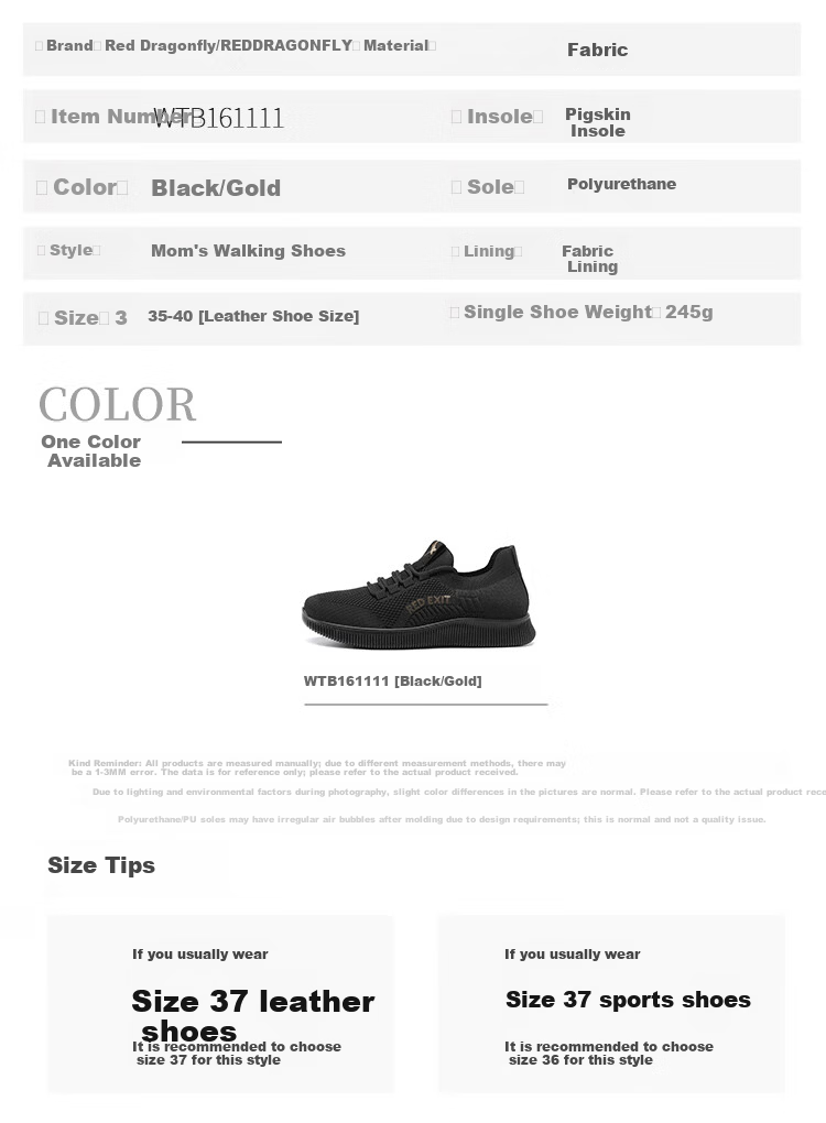 Red Dragonfly Women's Mesh Breathable Soft Sole Running Shoes Lightweight Shock Absorption Casual Sports Shoes WTB161111 Black Gold Size 36 6