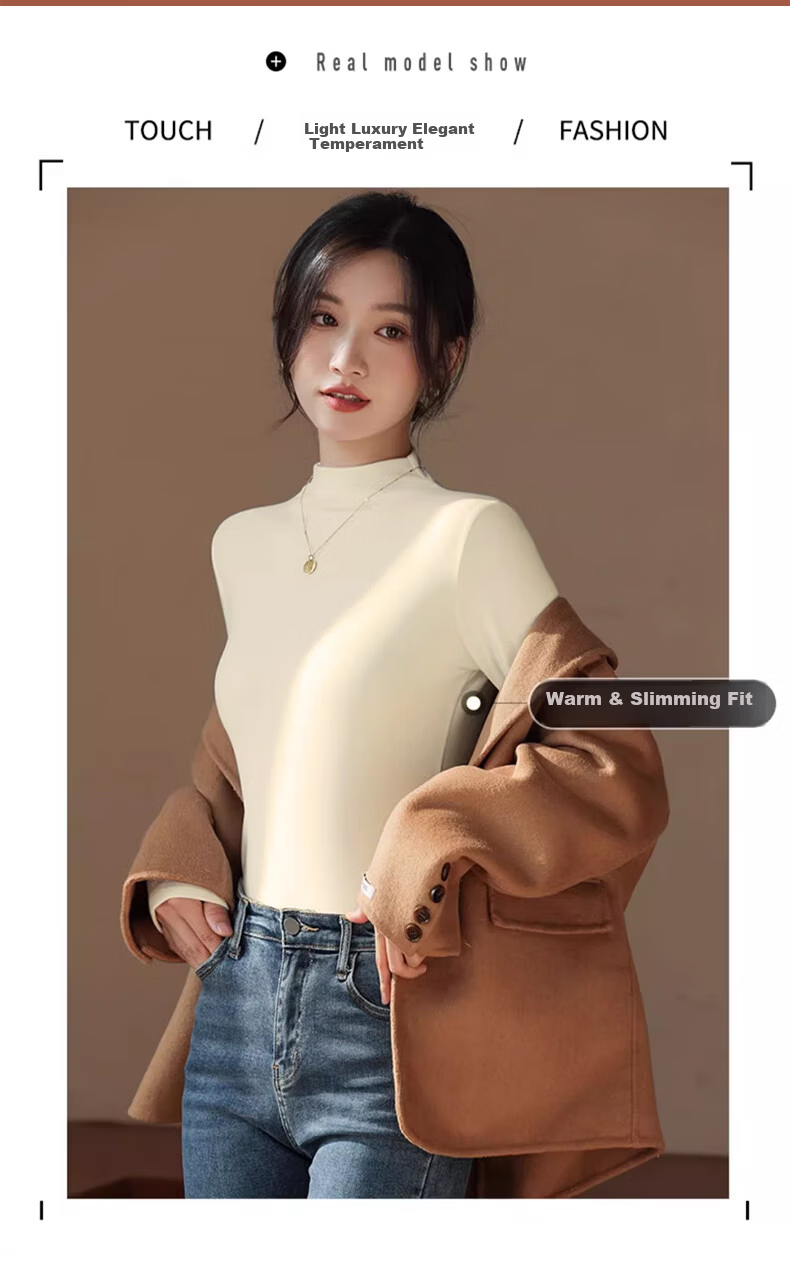 LangSha Semi-Turtleneck Base Layer for Women, New Autumn And Winter Thickened Fleece Ribbed Long-Sleeve Slim-Fit Antibacterial Anti-Mite Inner Top 2