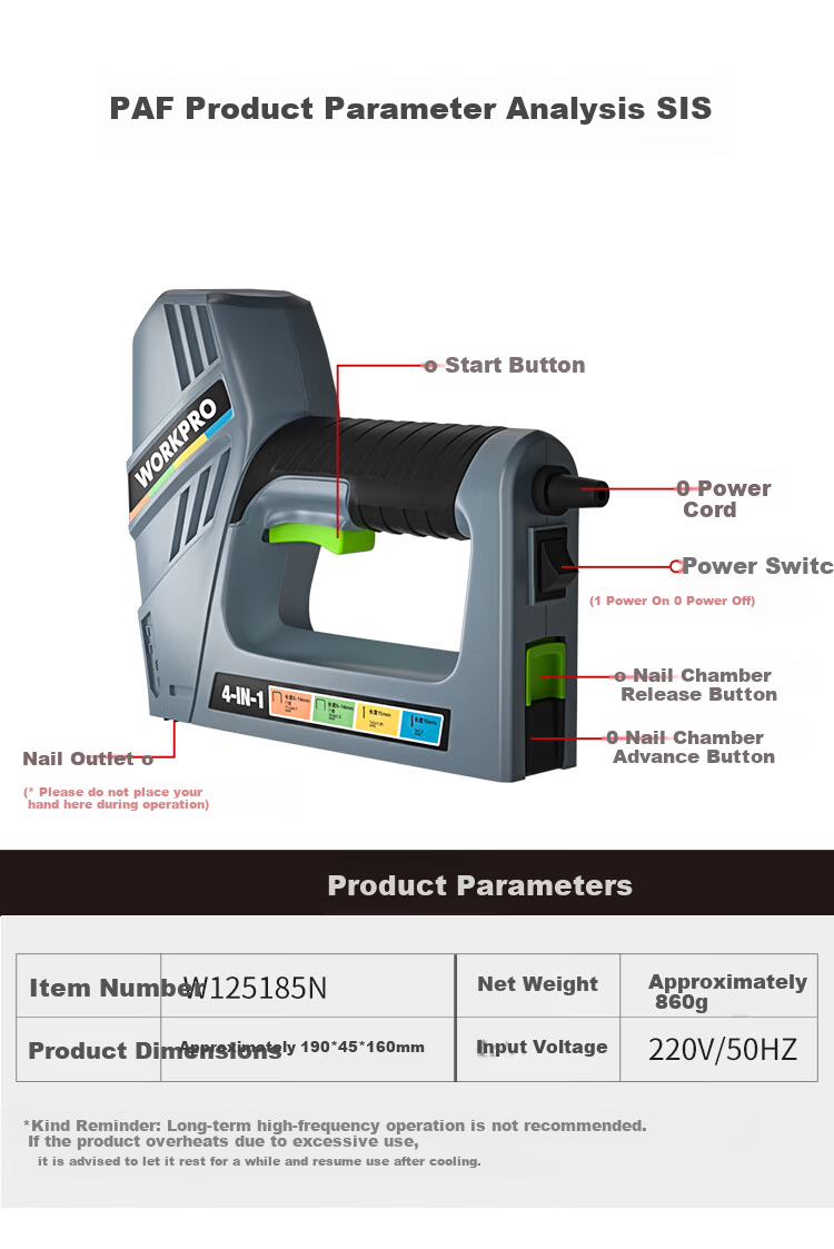 WORKPRO Electric Nail Gun Stapler T-Nails U-Nails Woodworking Strip Nails Gun Four-in-One Household Plug-in Model 6