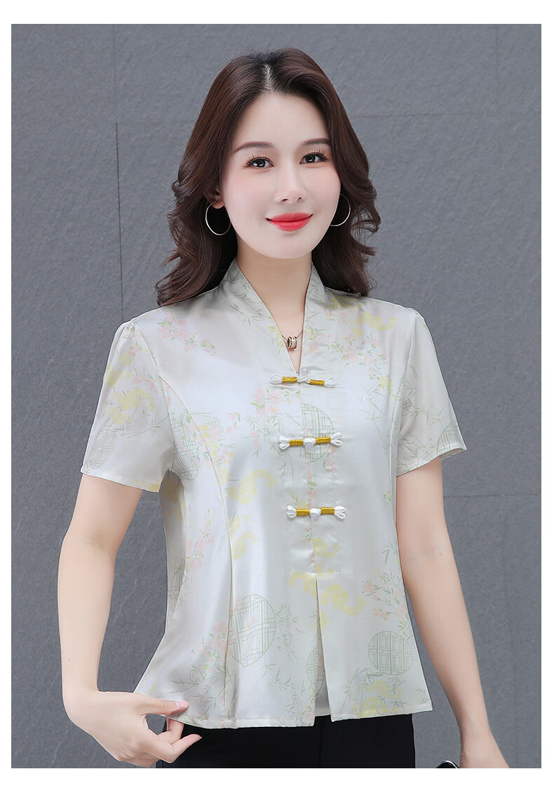 Woodpecker New Chinese Style Short Sleeve T-Shirt for Women Summer New Middle-aged and Elderly Mom Elegant National Style Slim Top Off-White L 20