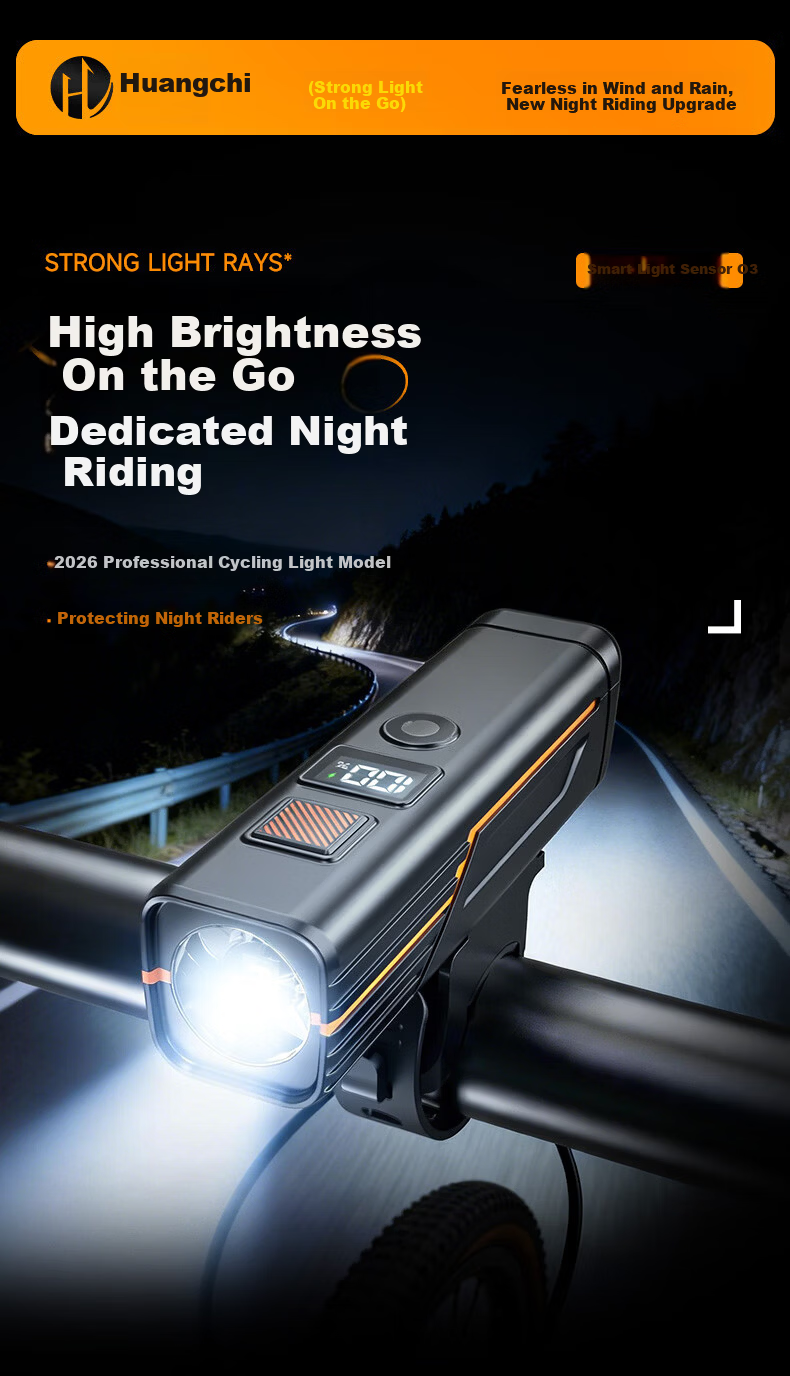 Huangchi Bicycle Light Smart Digital Display Front Light Mountain Road Bike Night Riding USB Rechargeable Kids Cycling Gear 1