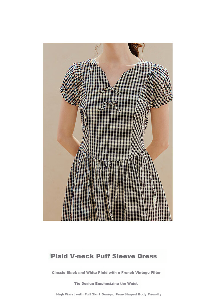 INMAN Plaid Bowknot V-Neck Puff Sleeve Dress 26 Summer New Women's Tie Waist Long Dress Black and White Check S 3