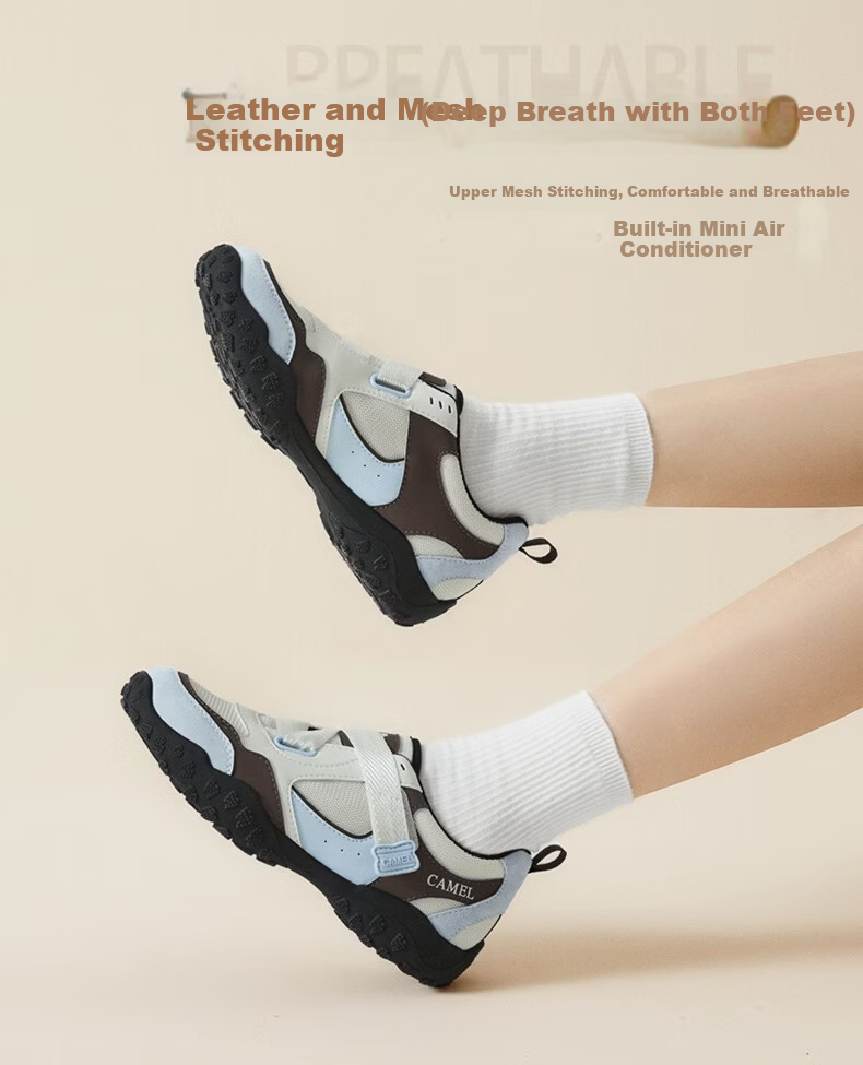 CAMEL Women's Training Shoes Comfortable Colorblock Velcro Height-Increasing Sports Casual Shoes L26S577055 Beige/Blue/Brown Size 36 6