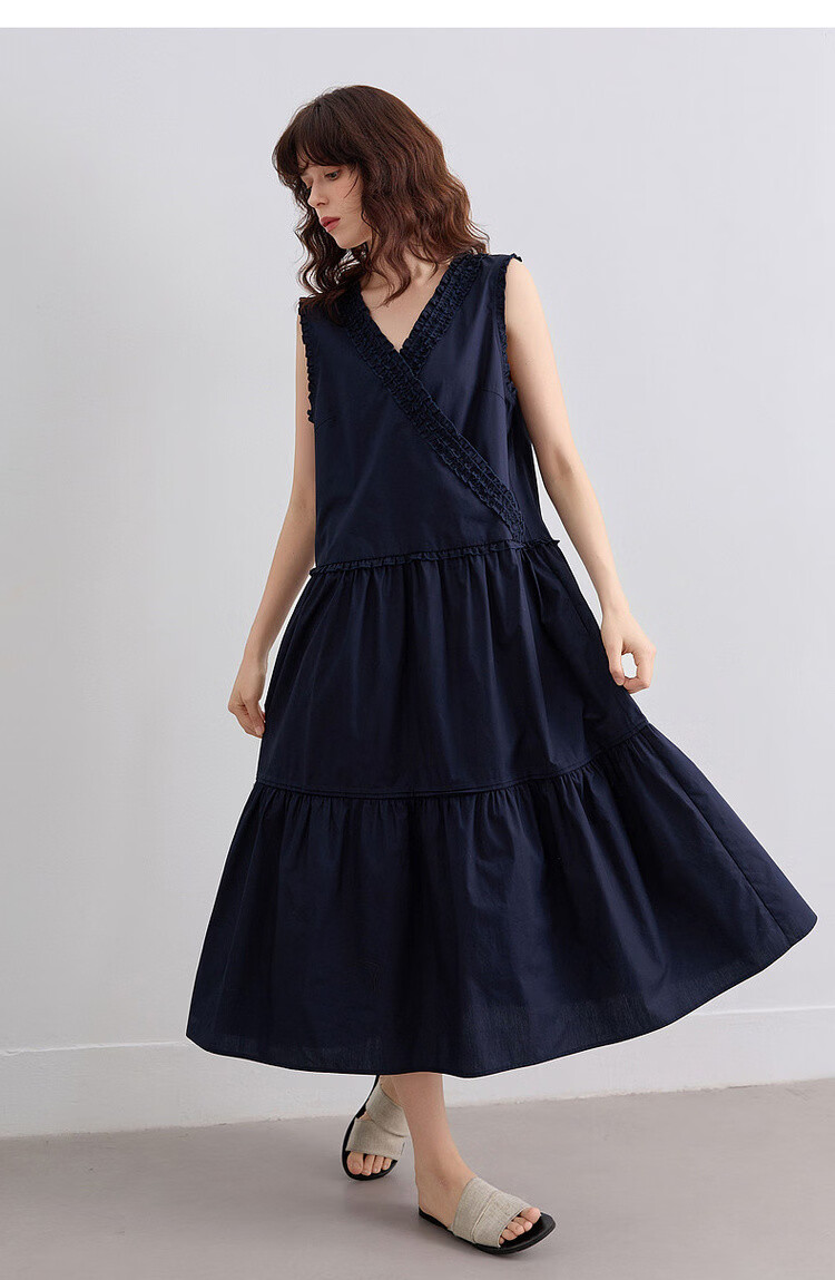 Demana [100% Cotton Poplin] Summer French Style Cross V-Neck Sleeveless Ruffle Slim A-Line Mid-Length Dress for Women 20