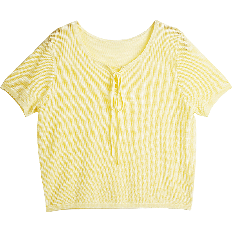 Olrain Summer New Vacation Style Large Round Neck Tie Pullover Knitwear Women Casual Top Yellow S