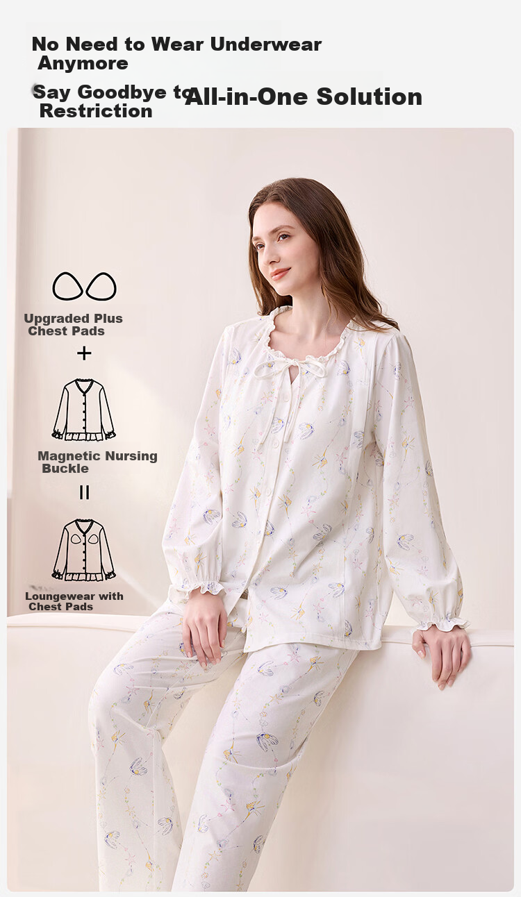 YEEHOO 26th Anniversary New Maternity Postpartum Pure Cotton Nursing Pajamas 10A Antibacterial with Built-in Chest Pads Ocean Pearl XL 5
