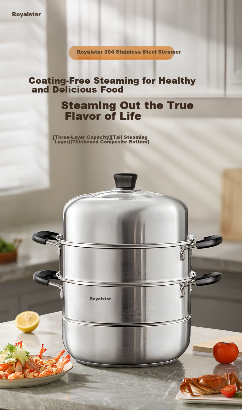 Royalstar 304 Stainless Steel Steamer Pot Soup Cooker High Capacity Three-Layer 28cm Compatible with Gas and Induction Cookers 2