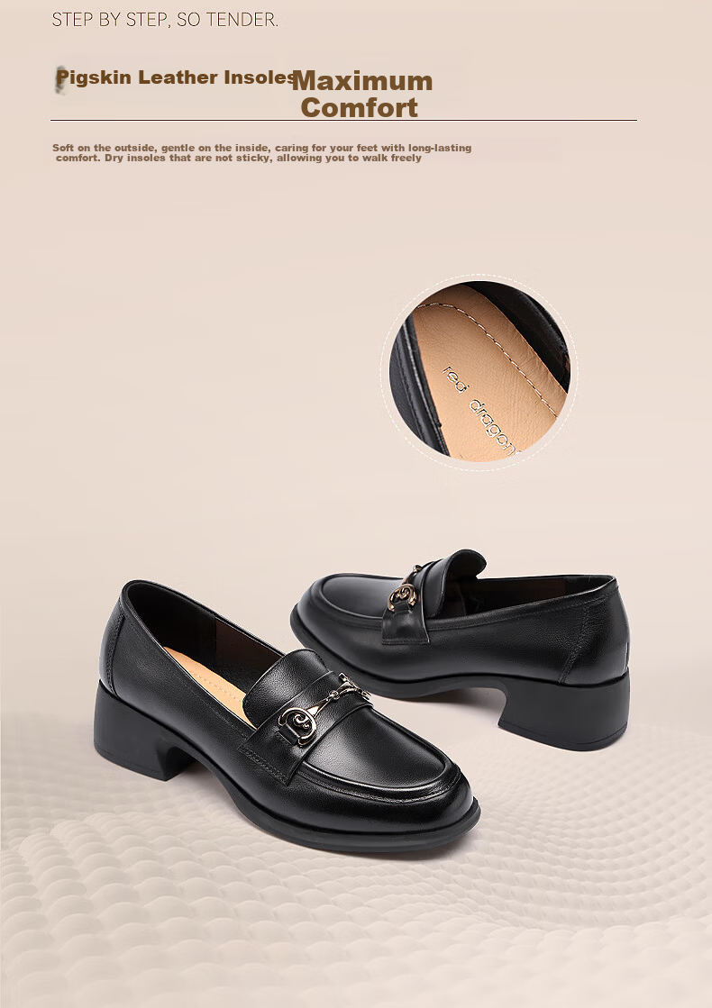Red Dragonfly Women's Loafers Thick Heel French Style Small Leather Shoes Commuter Versatile Mom Shoes WTB152791 Black Size 38 6