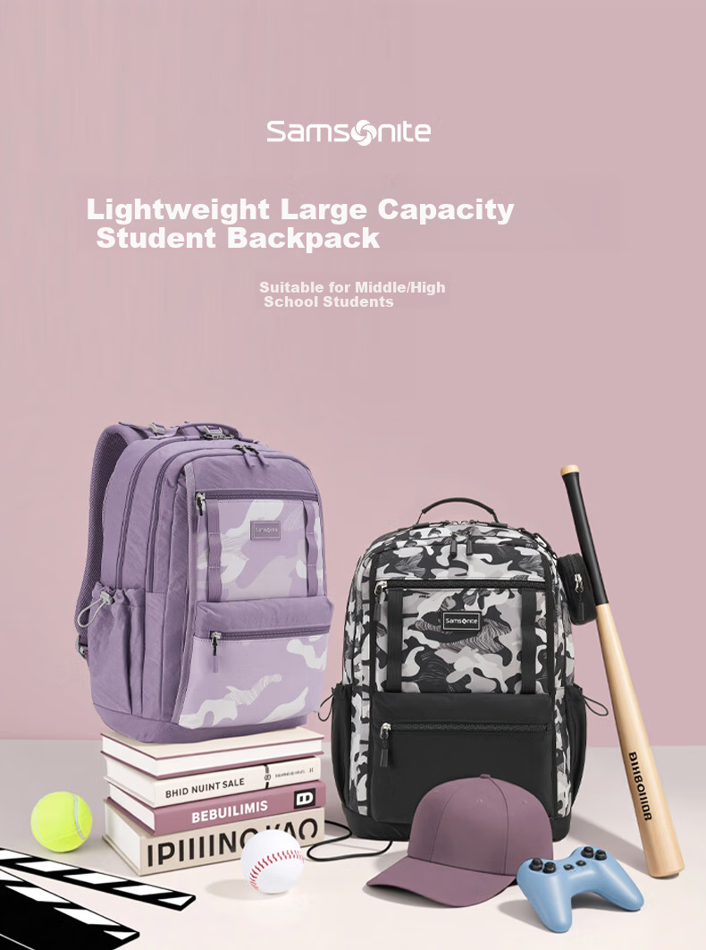 Samsonite Student Backpack 2026 New Arrival High School and Middle School Double Shoulder Bag High-Value Camouflage Large Capacity Laptop Bag NW4 1