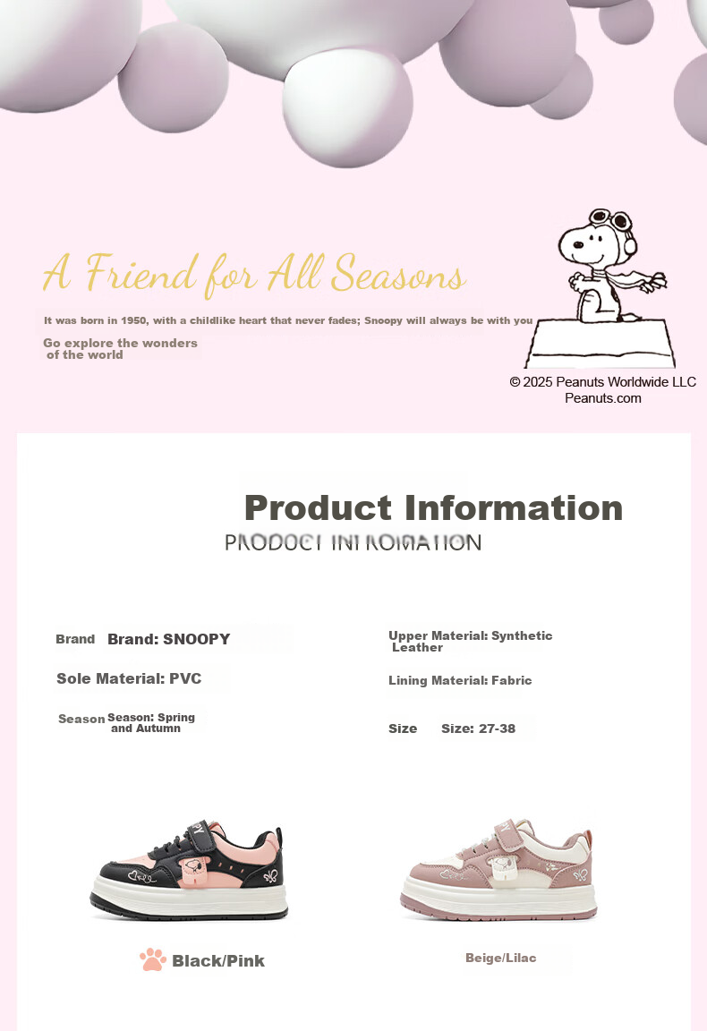 SNOOPY 2026 Spring Children's Lightweight Velcro Sneakers Girls School Casual Sports Shoes 0020 Black/Pink Size 28 1