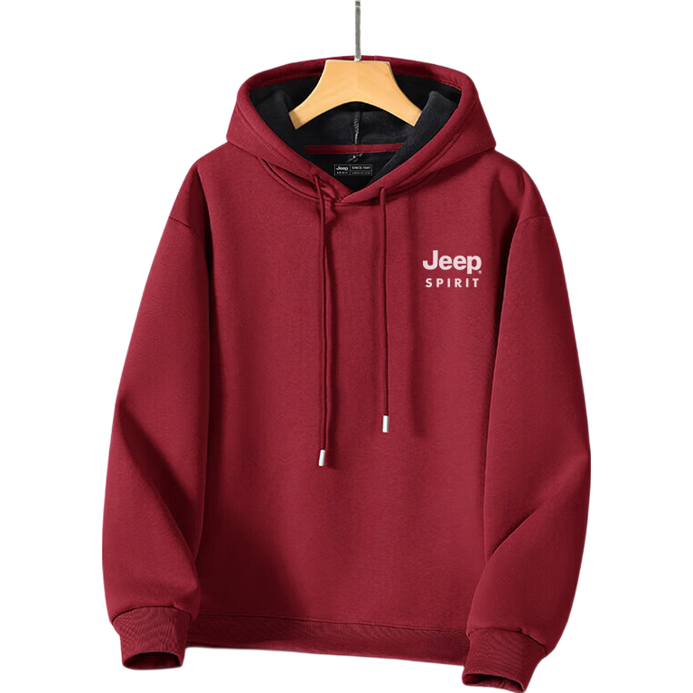 JEEP SPIRIT Men's Hooded Sweatshirt Winter Fleece Warm Burgundy Year of the Horse Pullover Sports Casual Top