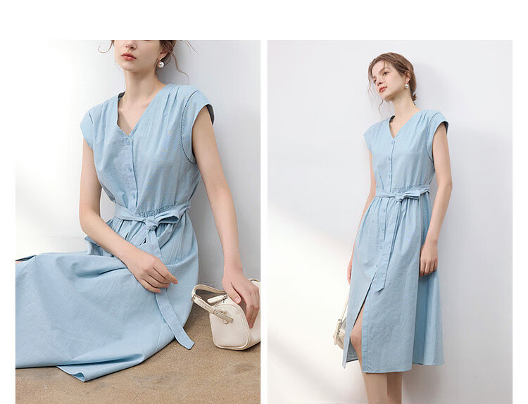 Demana [With Linen Cotton] Summer Commuter Style Lace Splice Cap Sleeve V-Neck Waist Cinched A-Line Mid-Length Dress for Women 8