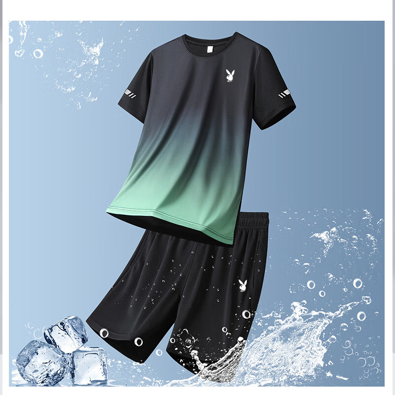 PLAYBOY Men's Summer Casual Cooling Breathable Quick-Dry Short Sleeve and Shorts Sports Two-Piece Set Black Gray XL 6