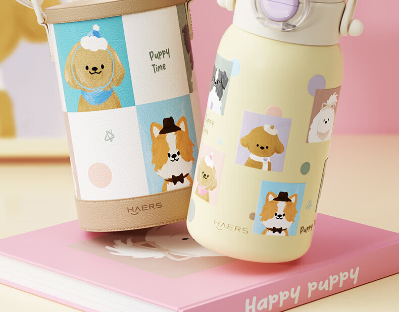 HAERS Insulated Water Bottle for Women Students High-Value Straw Cup Portable Cold Storage Punk Puppy (Black Pink) 560ml 18
