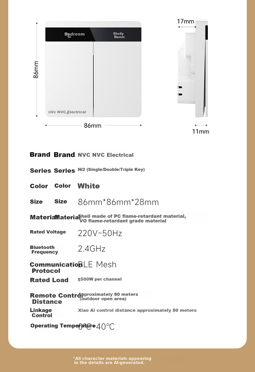 NVC Lighting Electrical Switch Socket Screen Display Smart Switch Compatible with Mijia Customizable Button Names Zero Fire Double Key White 19