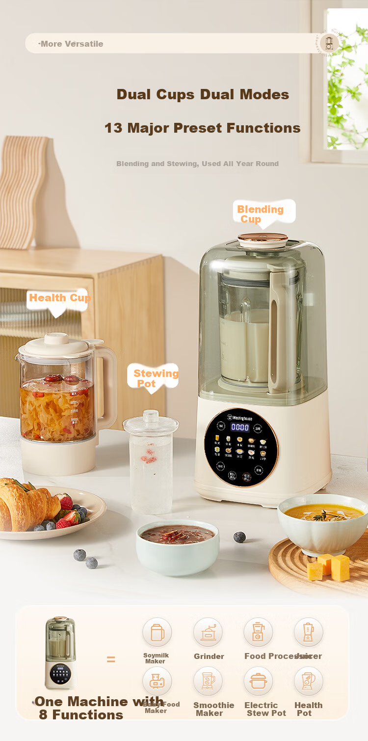 Westinghouse WPB15J9 Soft Sound Blender Household Soy Milk Maker 1.5L Heating Fully Automatic Mixer Titanium Coating Anti-Scald Noise Reduction Baby Food Processor 13