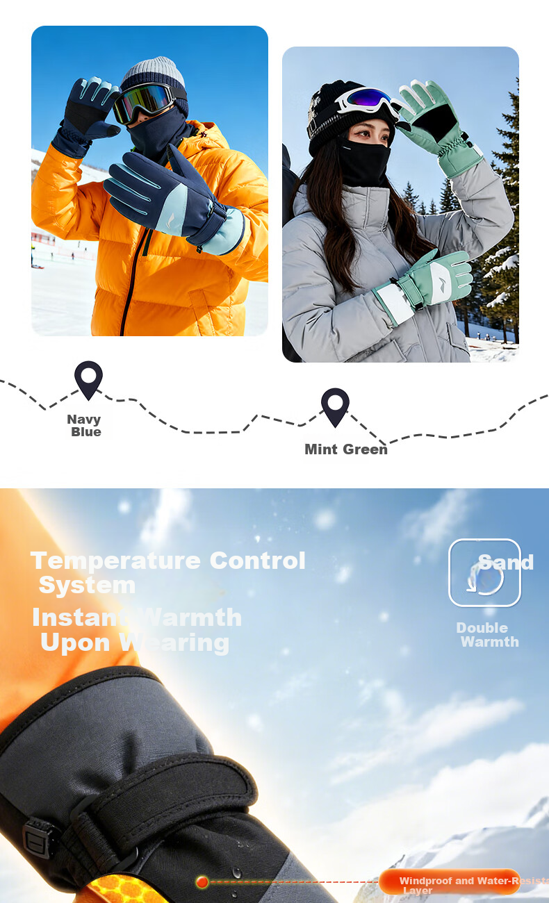 LI-NING Winter Cycling Gloves Men Women Windproof Waterproof Ski Warm Thick Fleece Mountain Climbing Gloves 3