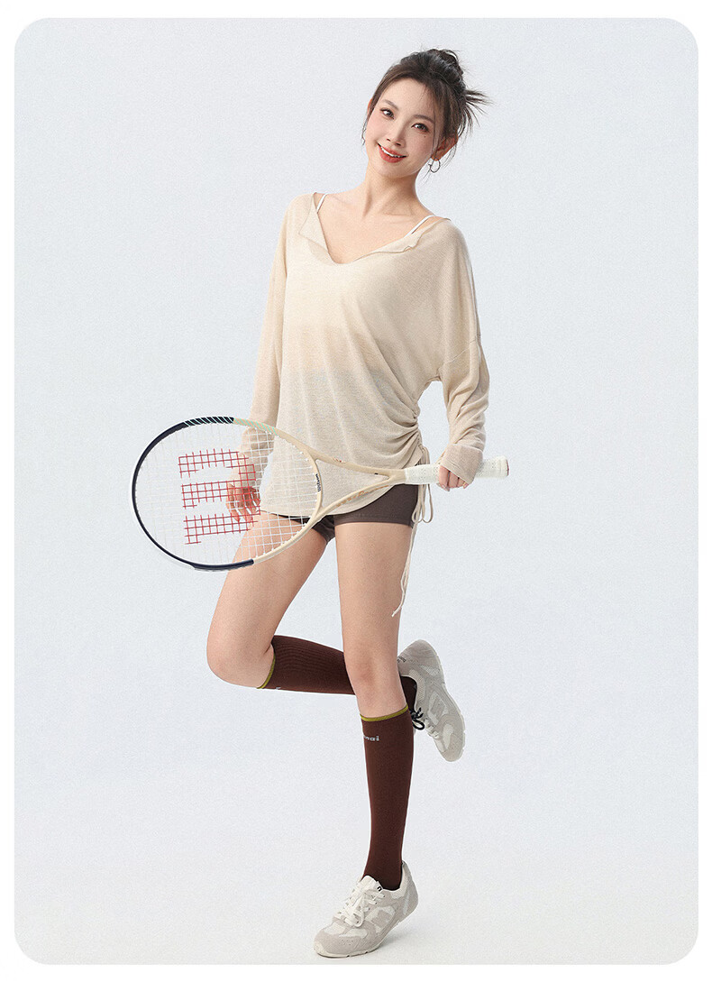 Langsha Loose Yoga Shirt Women V-Neck Tie Lazy Style Side Drawstring Running Sports Long Sleeve Fitness Top 15