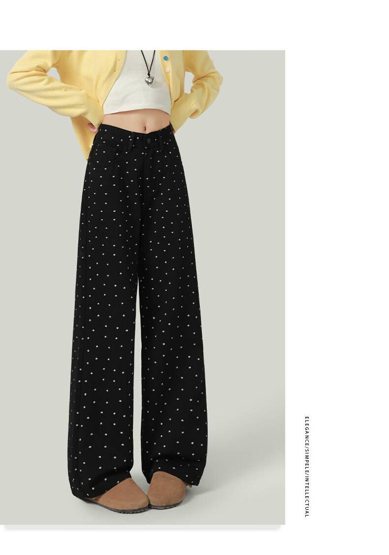 Jeanswest High-Waist Design Women's Jeans Spring Summer Printed Polka Dot Floral Slim Straight Wide-Leg Pants Black M 8