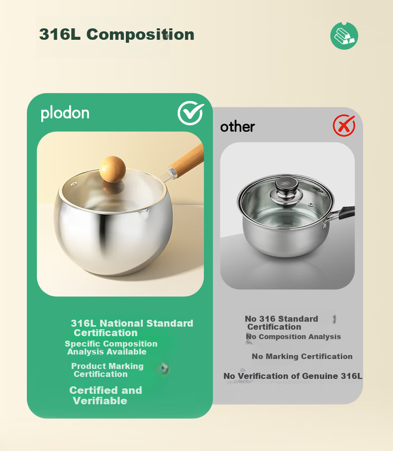 PLODON Baby Food Pot Milk Pot 316L Stainless Steel Non-Coated Soup Pot Small Frying Pan Steaming and Cooking Integrated Infant Food Pot 4