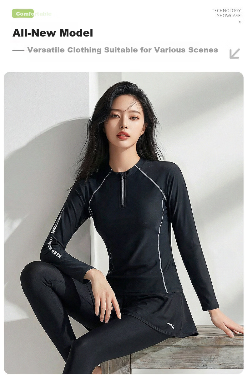 ANTA Women's Two-Piece Long Sleeve and Long Pants Swimsuit Conservative Plus Size Swimwear Sun Protection Surfing Diving Suit Black L 4