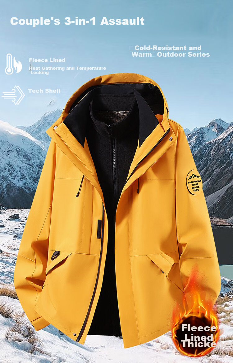 ROMON 3-in-1 Men's Outdoor Mountaineering Jacket with Hood, Women's Couple's Black 3XL 4