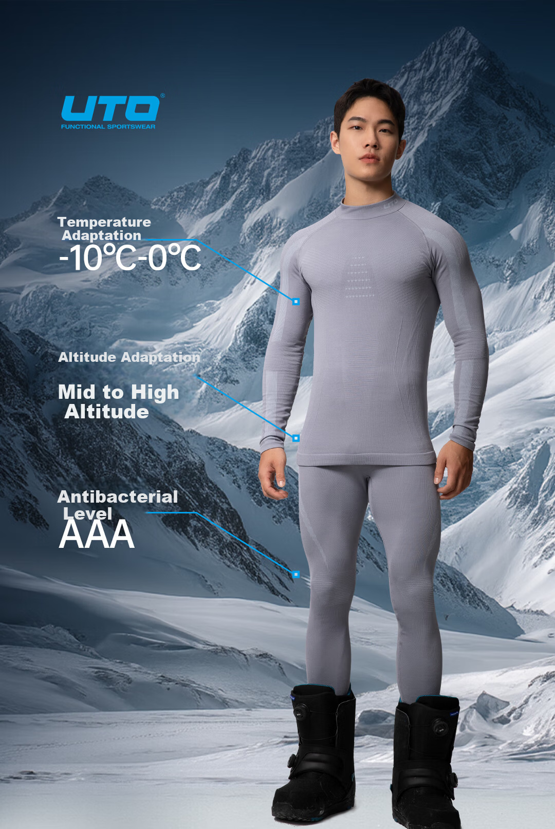 UTO Merino Wool Quick-Dry Base Layer Set Unisex Ski Mountaineering Thermal Underwear Classic Black Men’s L 2