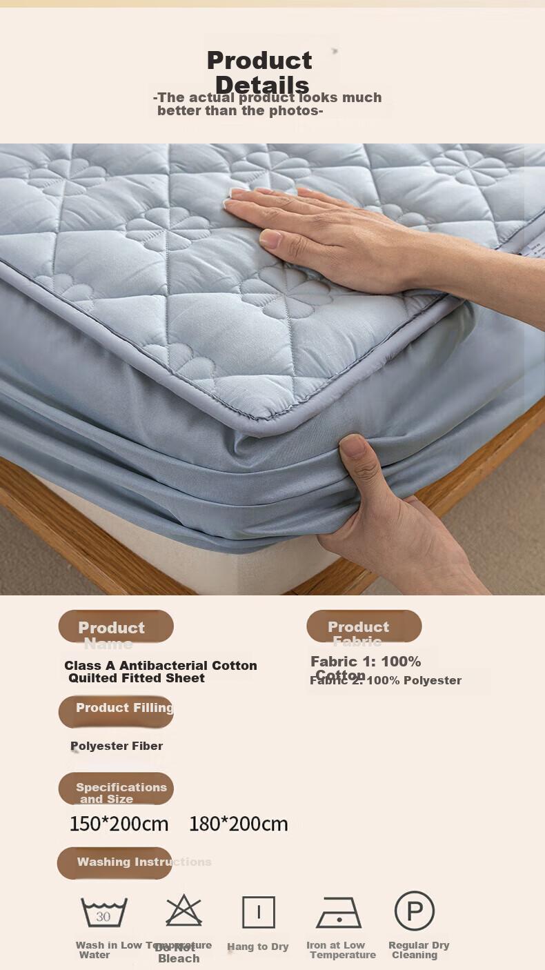 MUJI Class A Quilted Cotton Fitted Sheet Single Piece 1.8x2m Blue Full Coverage Mattress Protector 7