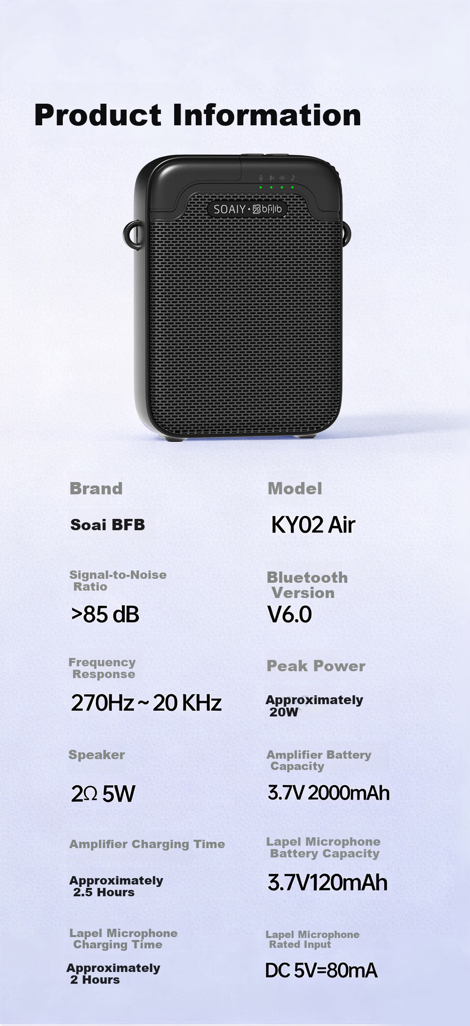 Soaiy KY02AIR Portable Amplifier for Teachers, Anti-Howling Wireless Lapel Microphone, Tour Guide Outdoor Explanation Portable Bluetooth Speaker, Gift for Girls on May 20th, Black 13