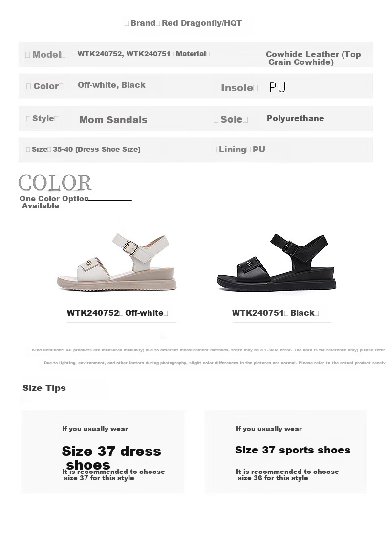 Red Dragonfly Women's Summer Sandals Flat Soft Leather Soft Sole Middle-aged and Elderly Beach Shoes WTK240752 Off-white 38 6