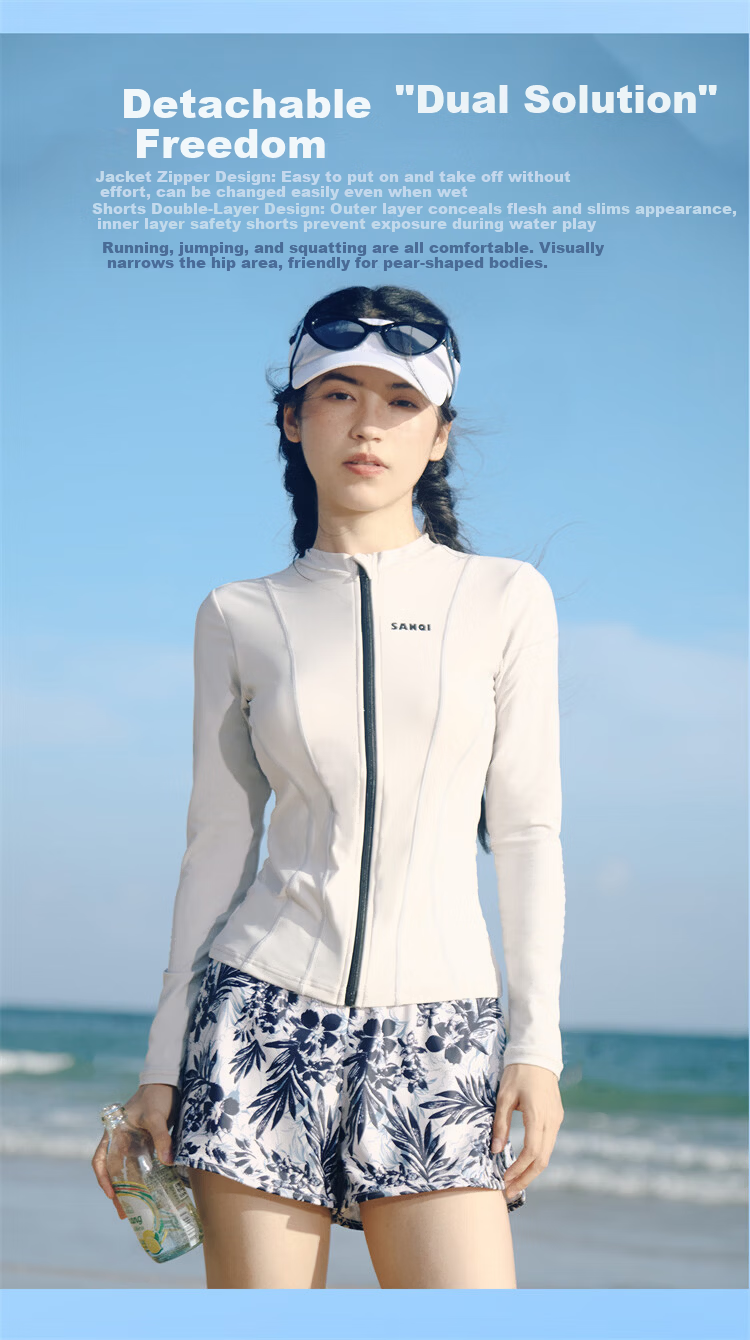 Sanqi Two-Piece Women's Long Sleeve Conservative Swimwear Plus Size Sporty Tummy Control Slimming Hot Spring Swimsuit XL 8