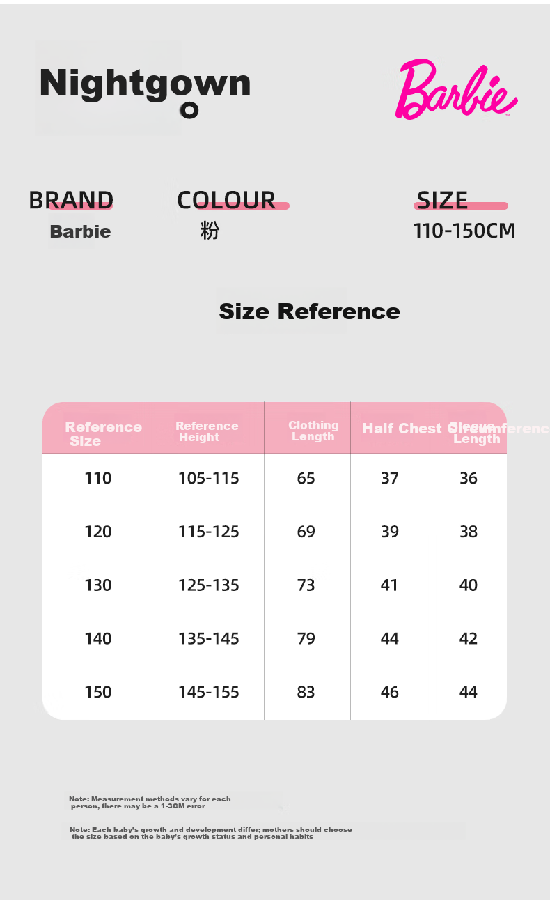 Barbie Girls' Long Sleeve Nightgown Spring Autumn Thin Home Dress Baby Girl Summer Dress 1